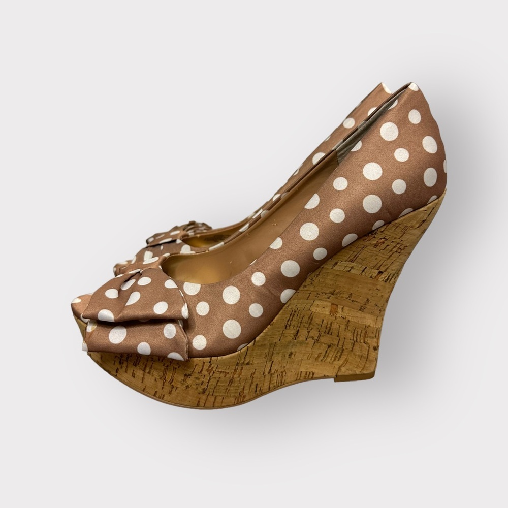 Paris Hilton Brown & White, Polka Dot, Retro, Bow, Wedges - Picture 4 of 8